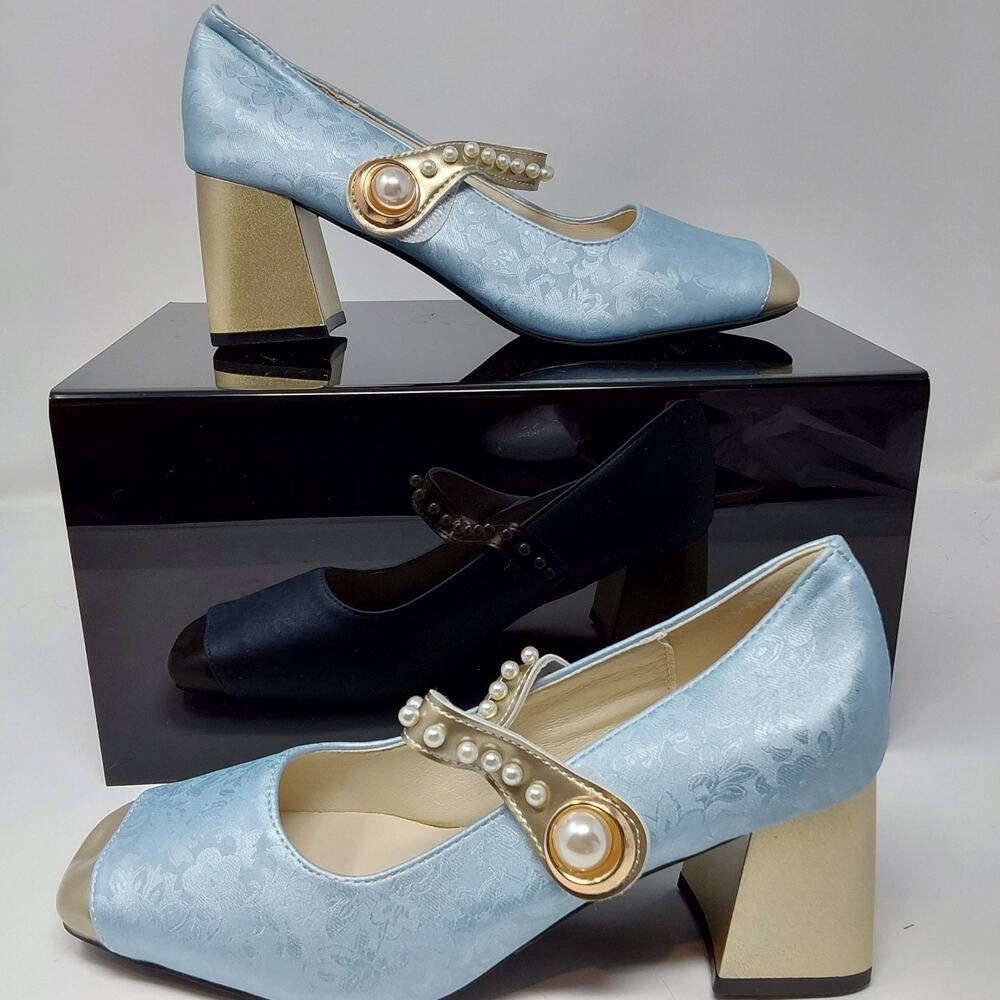 Geeyea Womens Mary Jane Heels Blue Brocade Pearl Strap Pumps EU 39 US 8
